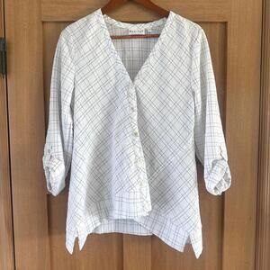 Habitat Button Down V-Neck Button Cuff Tunic Blouse White Women’s size Medium